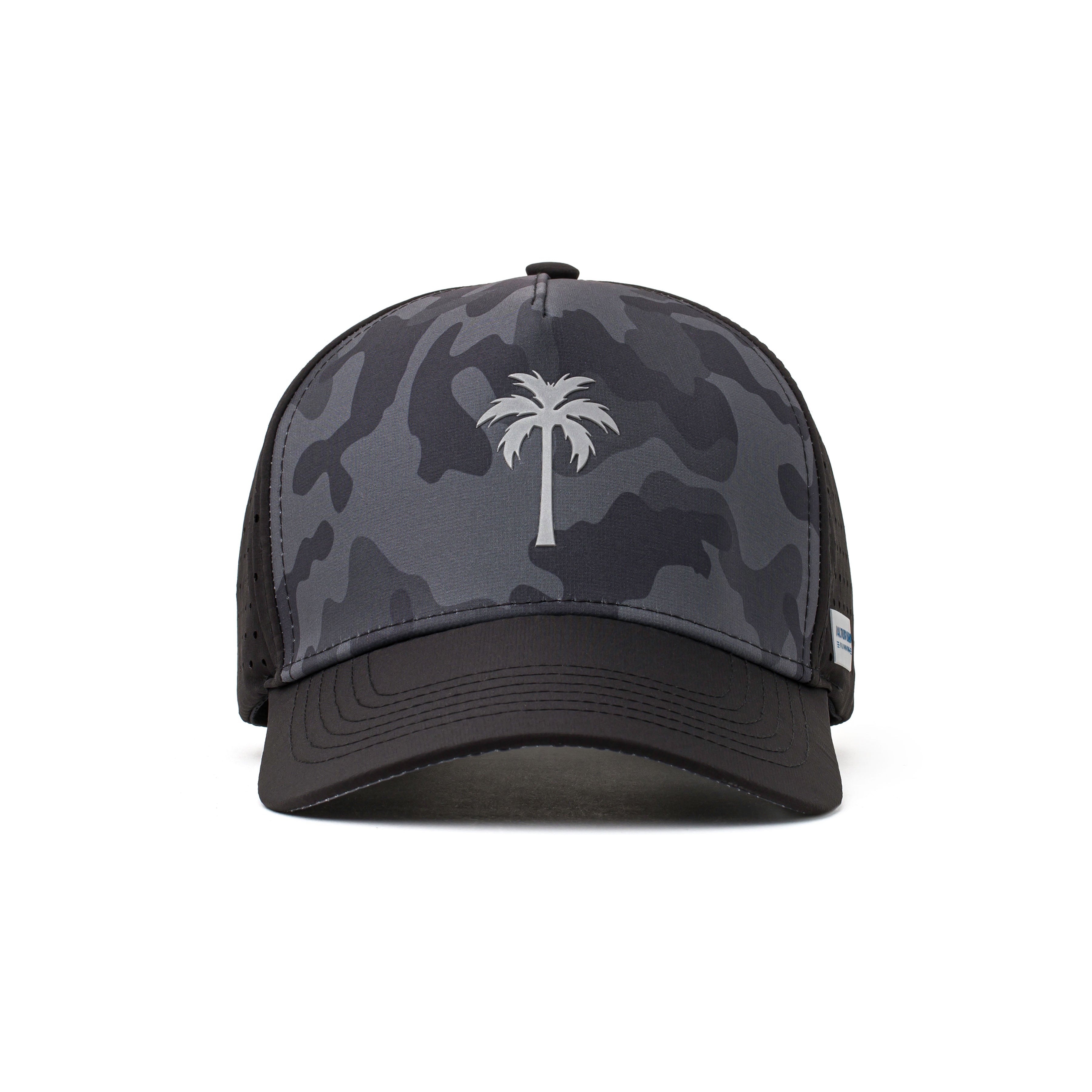 Front view of a black hat with a white palm tree logo, dark camo design, and water-repellent fabric for durability during active wear.