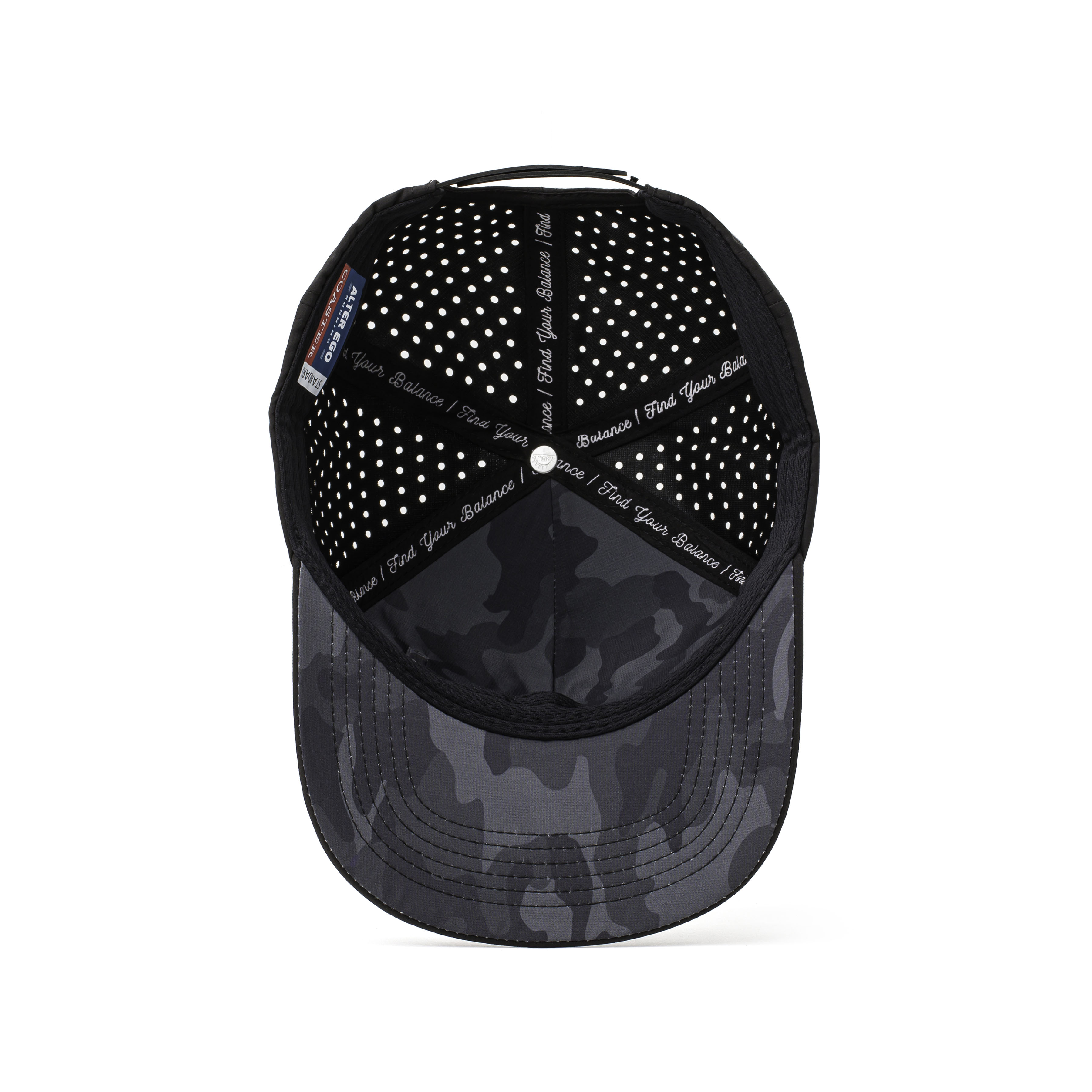 Interior and back view of a black performance cap with a dark camo-patterned mesh, adjustable strap, and perforated details for maximum airflow and comfort.
