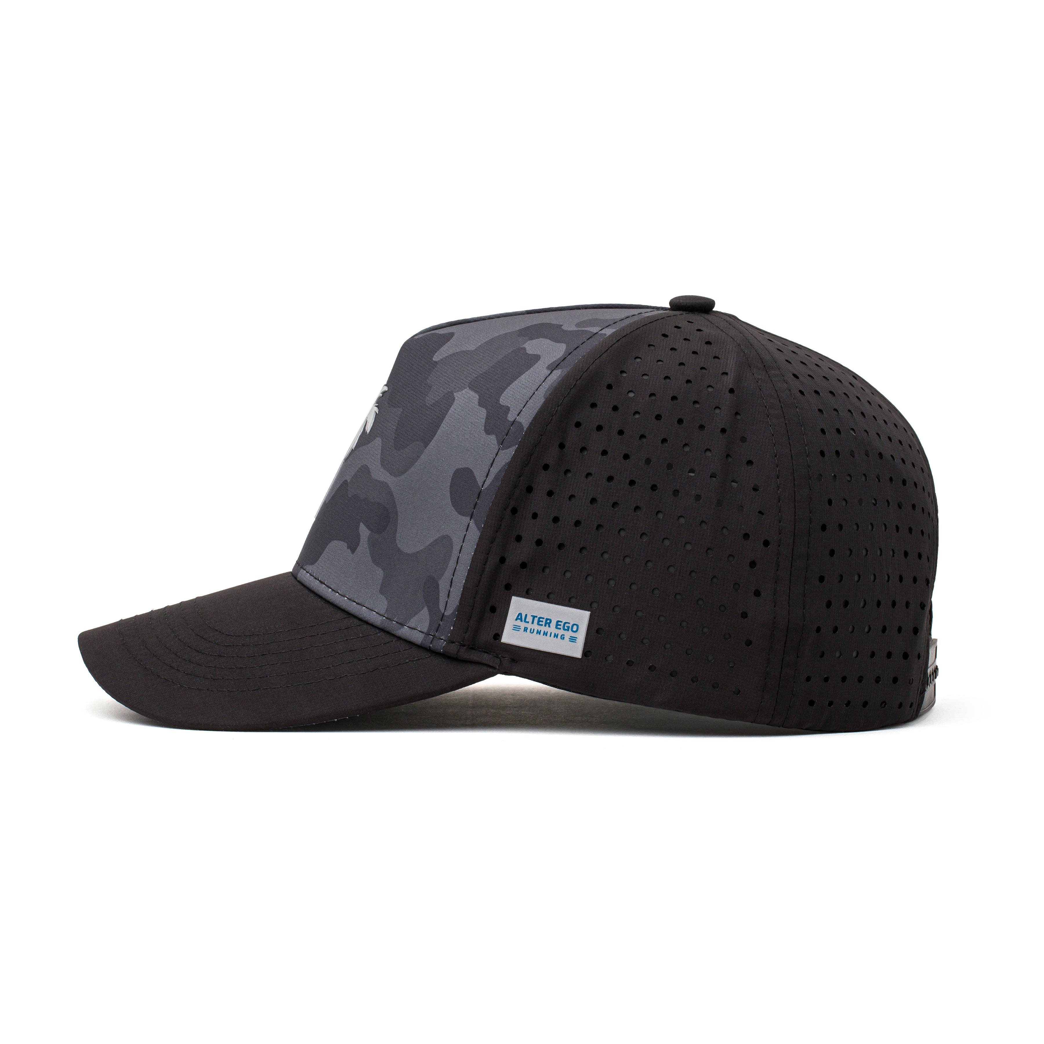 Side view of a black and camo hat featuring a white palm tree emblem, lightweight fabric, and a curved brim for comfortable outdoor activities.