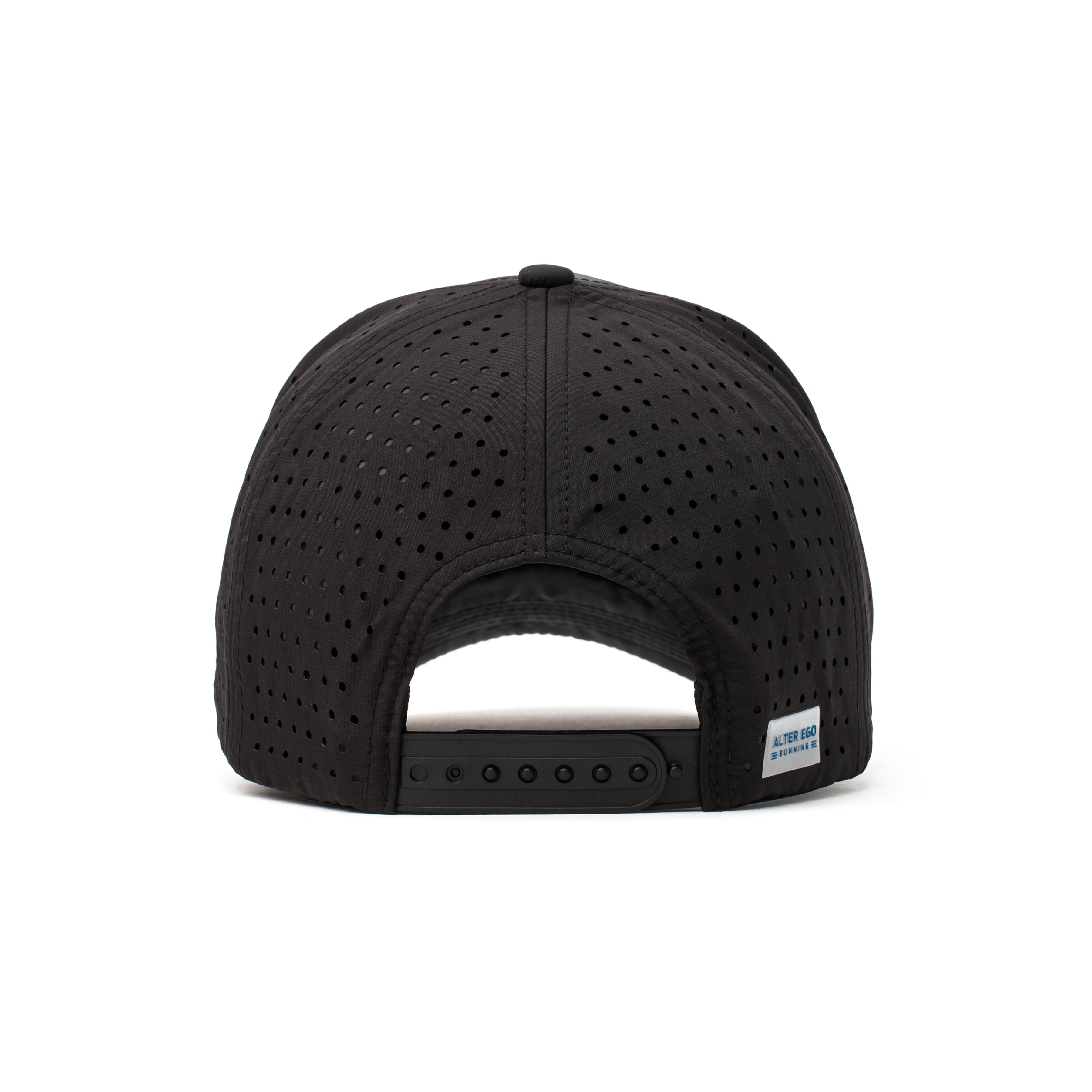 Back view of a black performance hat with a dark camo-patterned mesh panel and adjustable strap, providing ventilation and a secure fit.