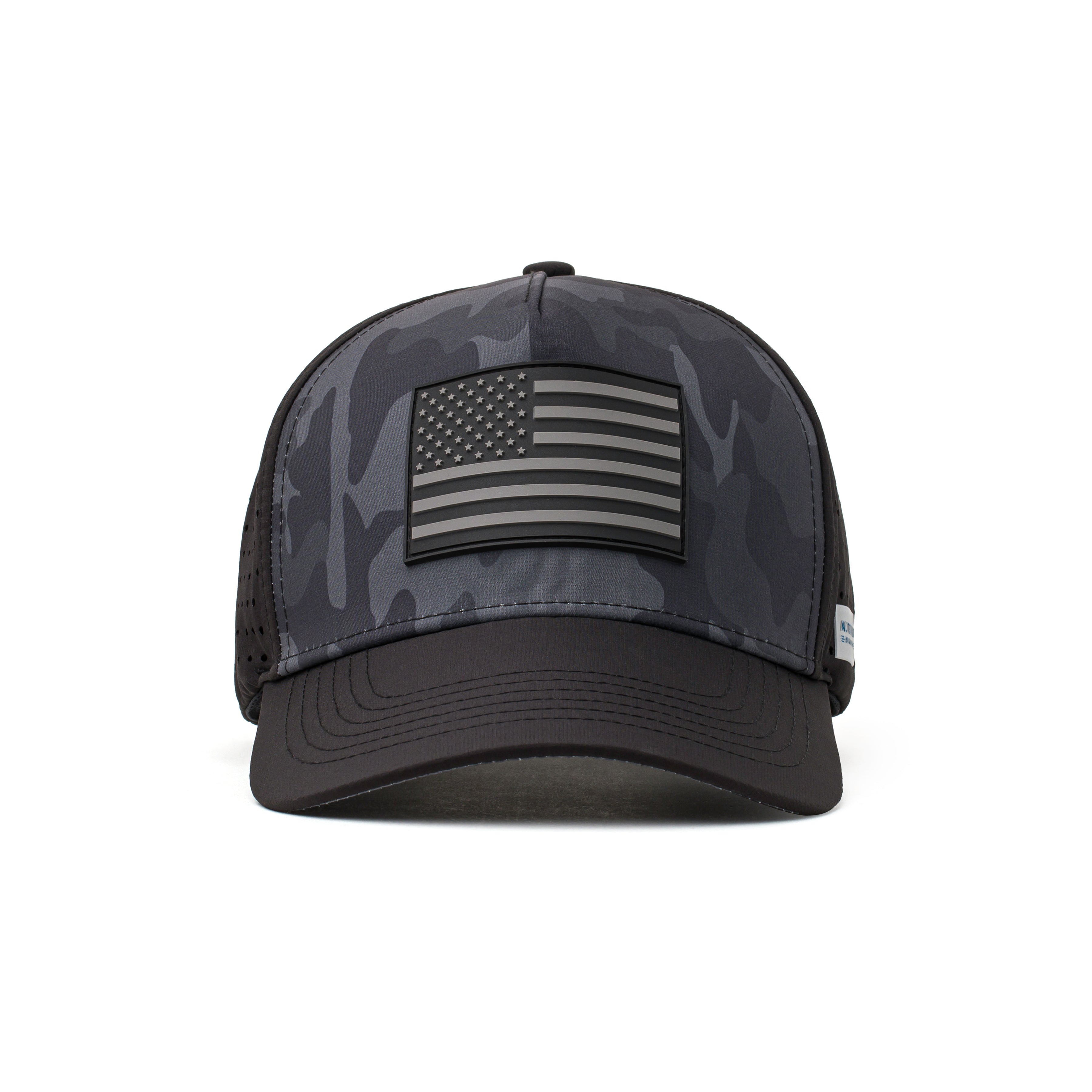 Front view of a black performance cap with a bold black American flag patch and a structured design, perfect for outdoor enthusiasts and athletes.