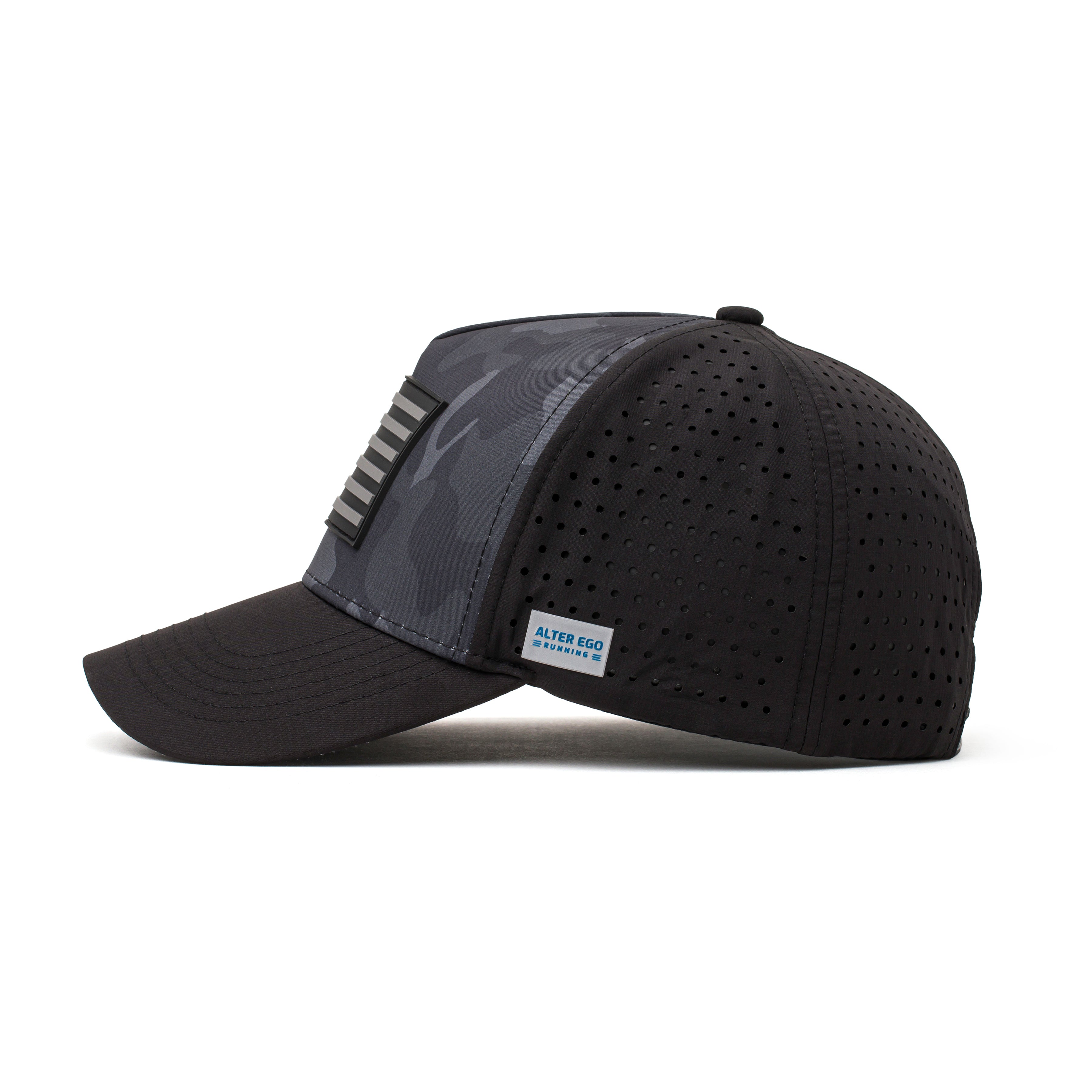 Side view of a black hat featuring a dark camo pattern, black flag logo patch, and lightweight construction, ideal for active and casual wear.