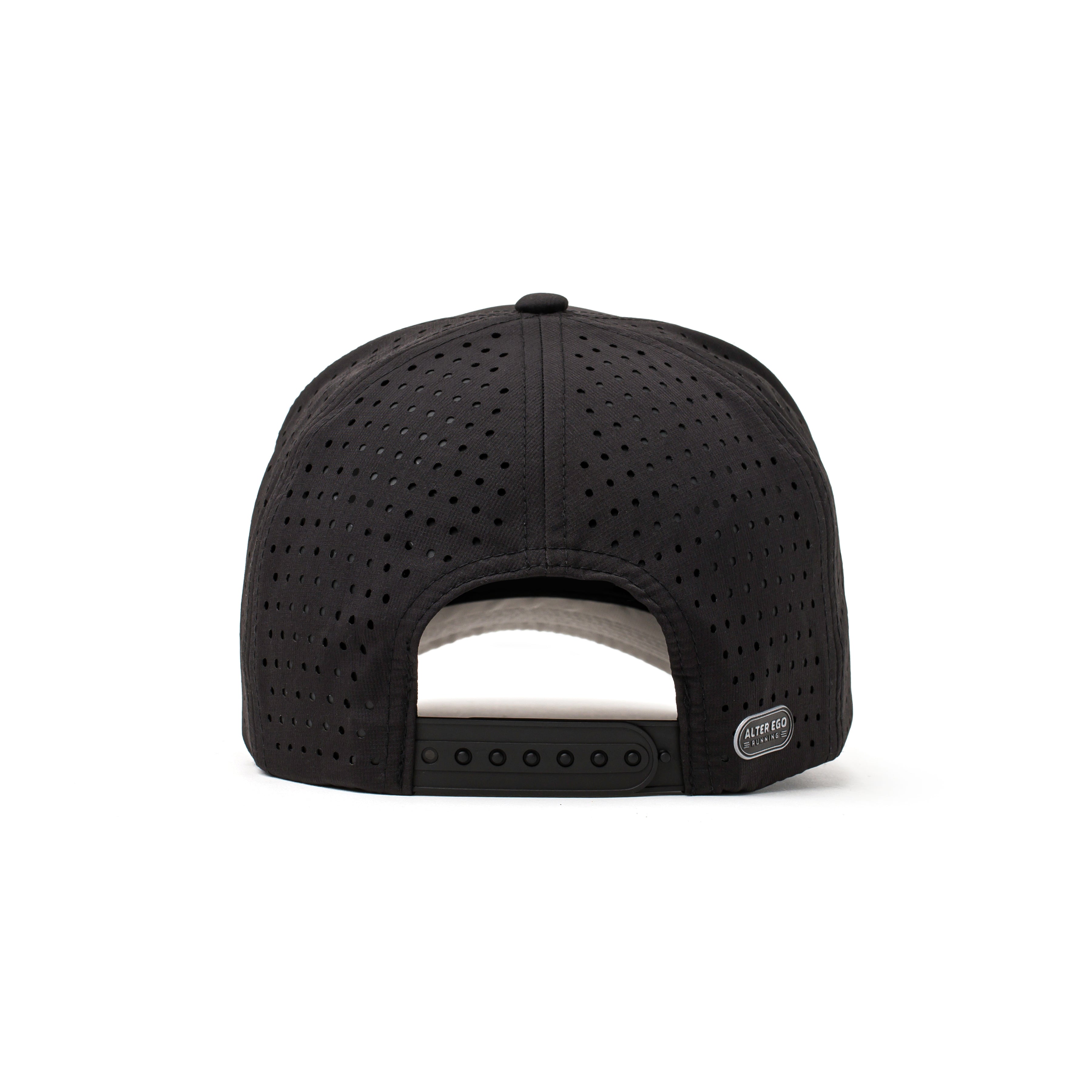 Back view of a black performance hat with an adjustable strap and breathable mesh back, providing a secure and comfortable fit.