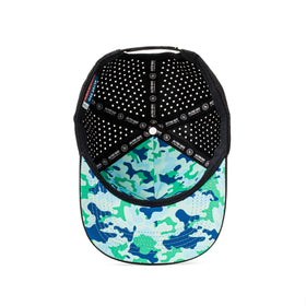 Interior and back view of a black hat with a blue camo mesh panel and adjustable strap, crafted for durability and maximum ventilation.