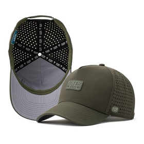 Alter Ego olive green Coaster Splash running hat with perforated side panels, shown from front, under-bill, and interior views.