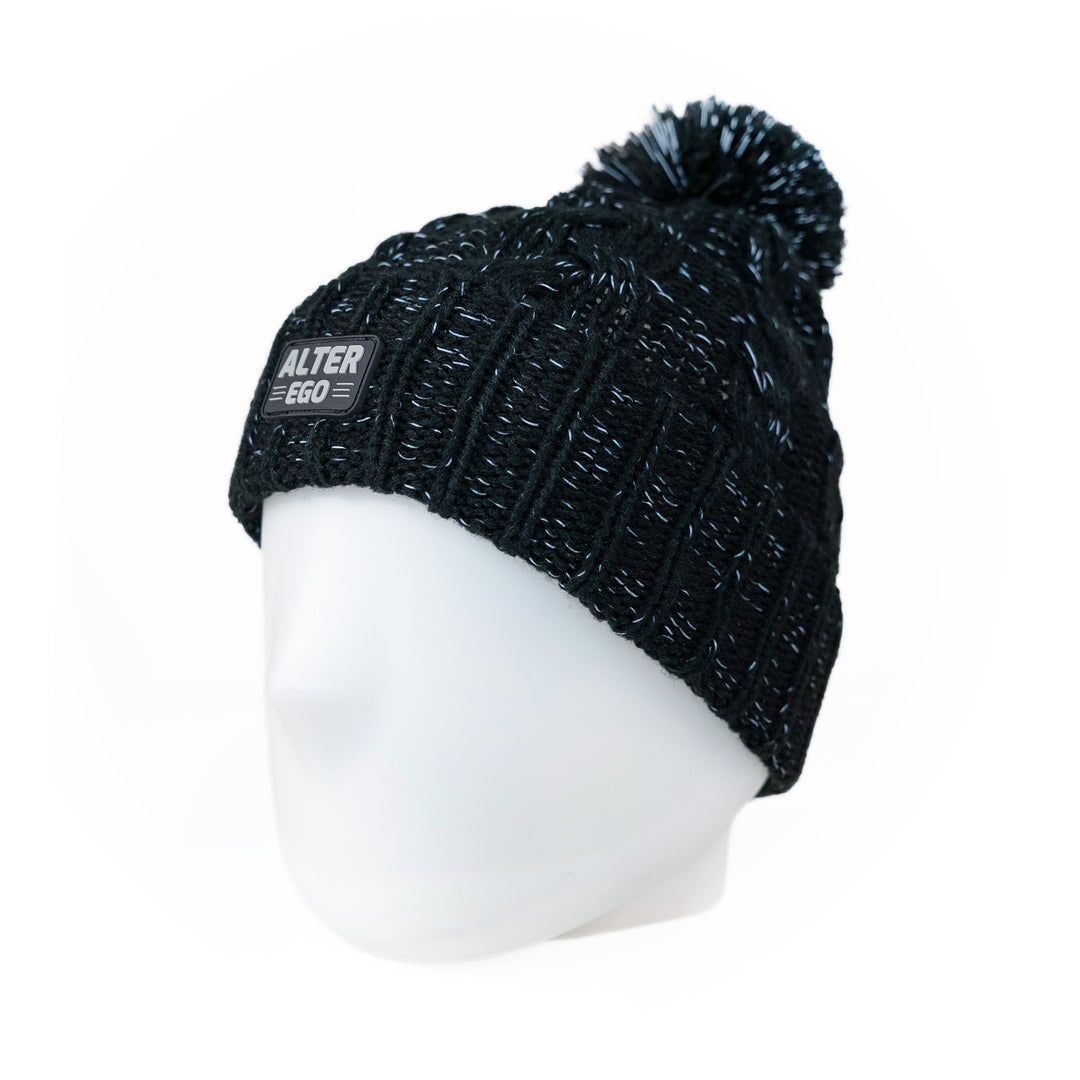 Snowbird Black Reflective Pom Beanie