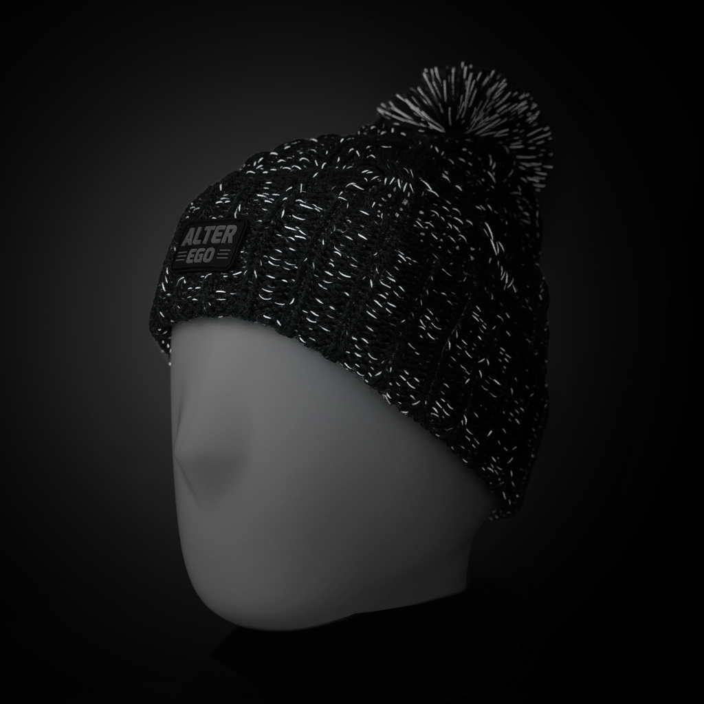 Snowbird Black Reflective Pom Beanie