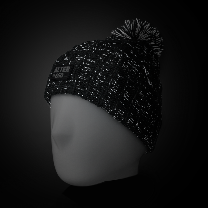 Snowbird Black Reflective Pom Beanie