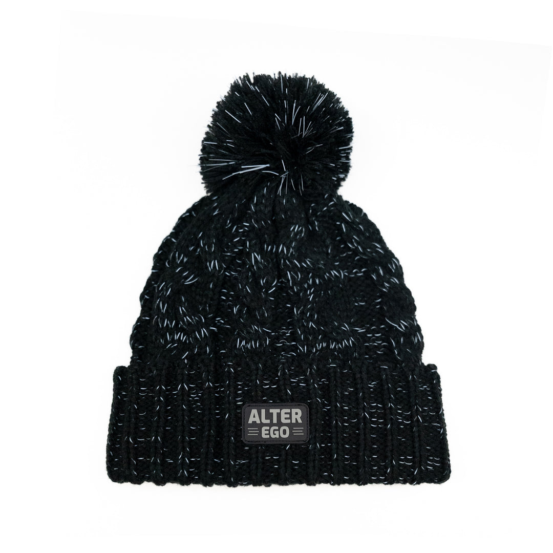 Snowbird Black Reflective Pom Beanie