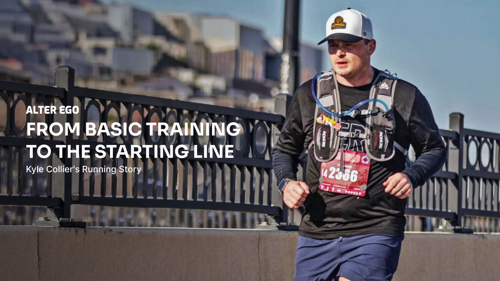 Kyle Collier running a race wearing an Alter Ego hat with the title 