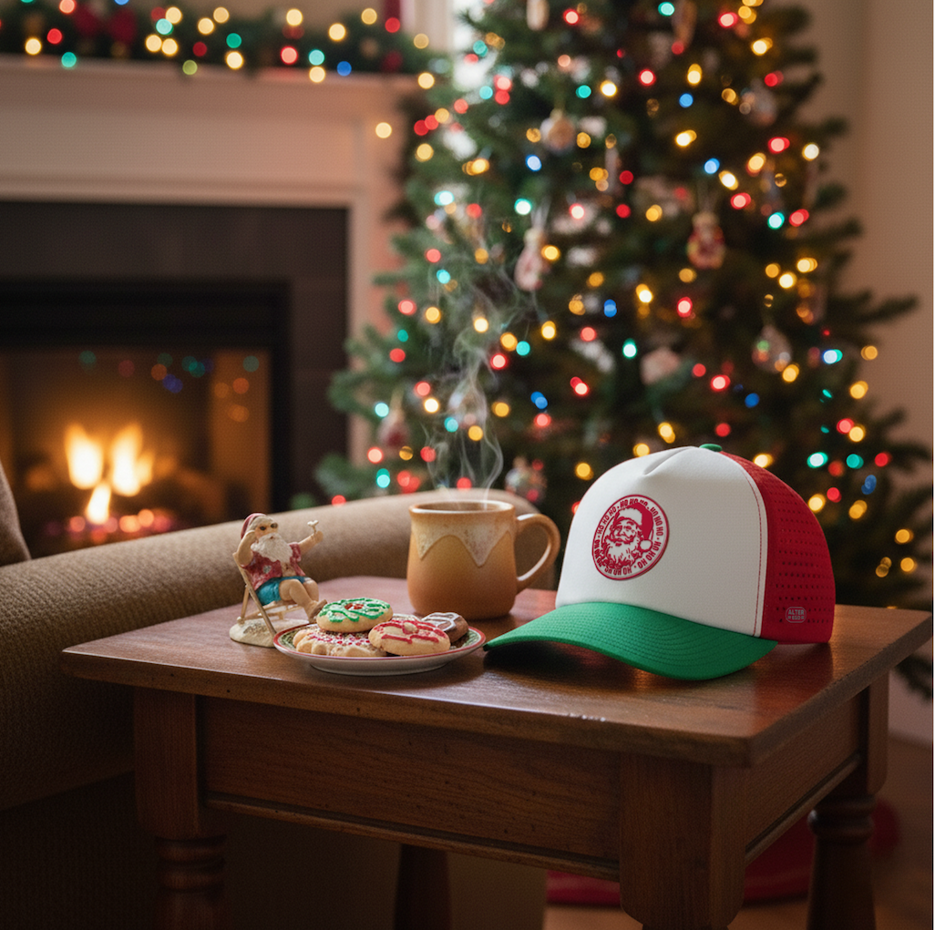 Christmas themed trucker hat placed on a wooden table with a cozy holiday setting. A beautifully lit Christmas tree and a glowing fireplace in the background, creating a warm, festive atmosphere.