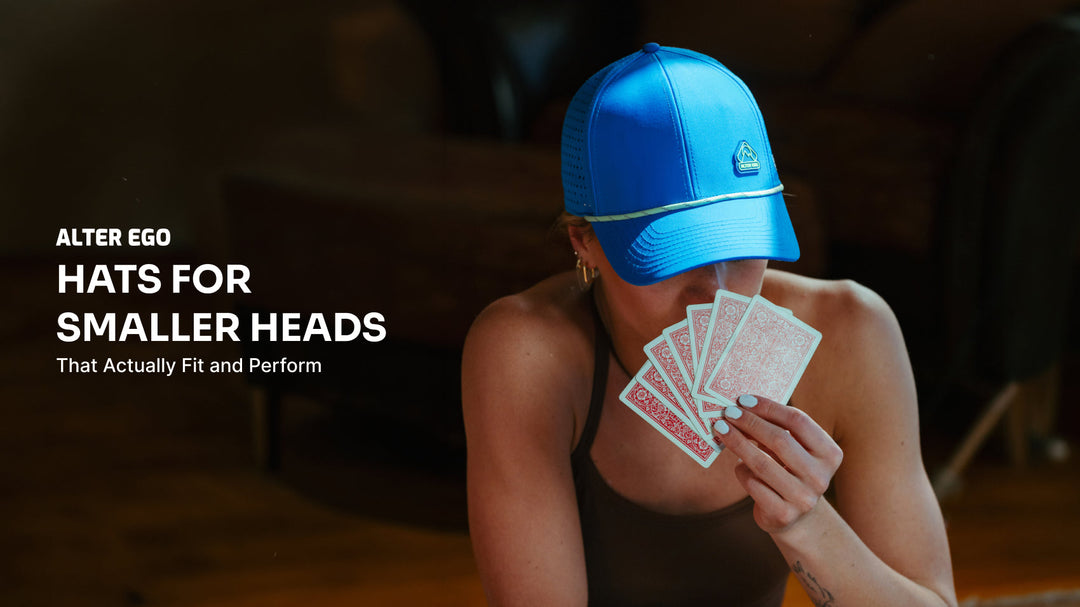 Woman wearing a blue Alter Ego running hat with text 