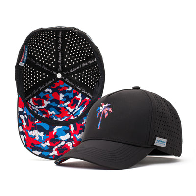 Black performance hat with a red, white, and blue palm tree logo on the front, and a vibrant red, white, and blue camo-patterned mesh back for breathability and style.