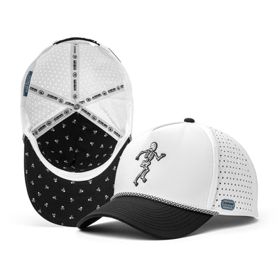 White performance hat with a black skeleton design on the front and a breathable black and white mesh back, perfect for active outdoor wear.