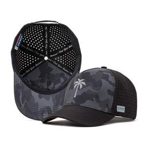 Black performance hat with a dark camo design and a white palm tree logo on the front, paired with a breathable perforated mesh back, ideal for outdoor and athletic use.