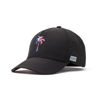 Angled view of a black running hat featuring a vibrant red, white, and blue palm tree logo and sleek contours designed for style and functionality.