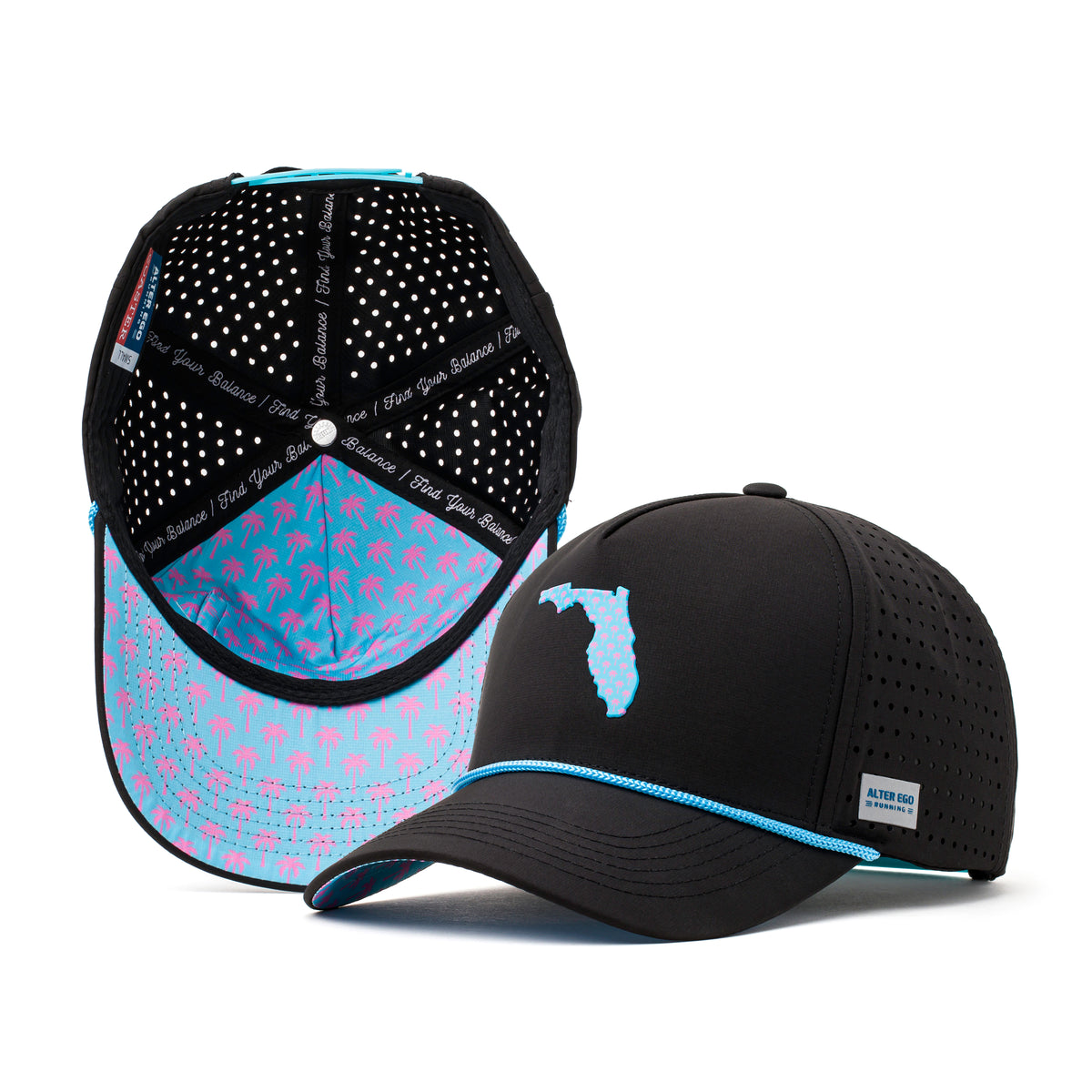 Interior and front view of a black Alter Ego Running hat showing Florida state logo, teal rope trim, and pink palm tree brim lining.