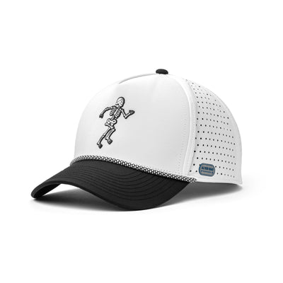 Angled view of a white and black running cap featuring a skeleton design, designed for comfort, style, and durability during outdoor activities.