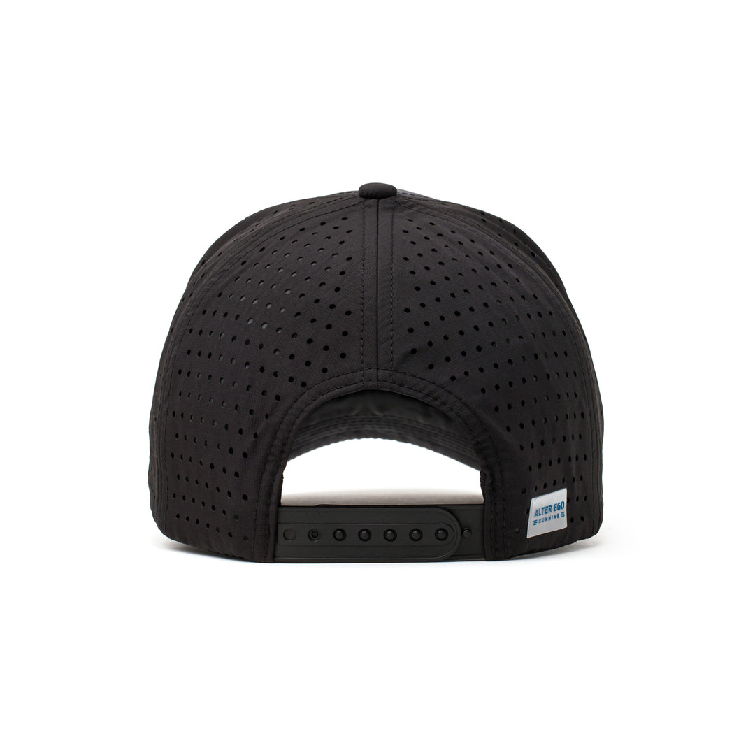 Back view of a black performance hat with a dark camo-patterned mesh panel and adjustable strap, providing ventilation and a secure fit.