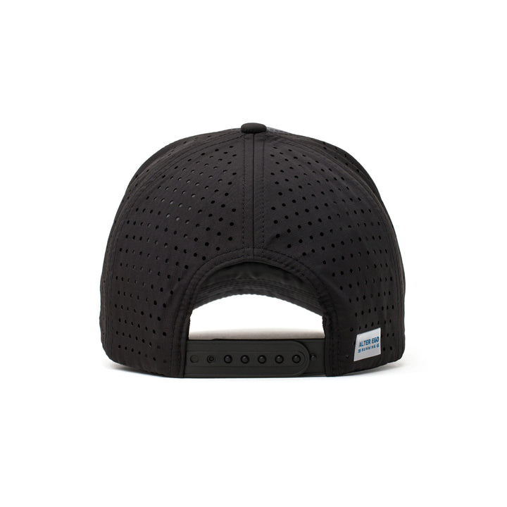 Back view of a black performance hat with a dark camo-patterned mesh panel and adjustable strap, providing ventilation and a secure fit.