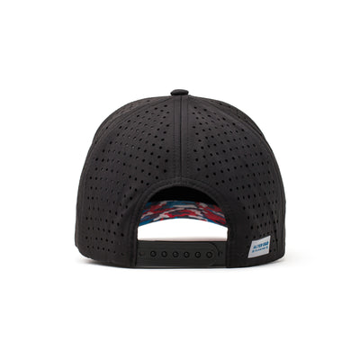 Back view of a black performance hat with a perforated mesh panel and adjustable strap for enhanced comfort and fit during outdoor adventures.