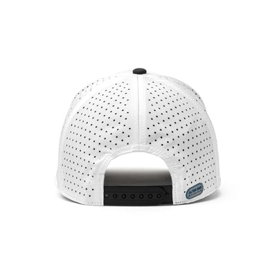 Back view of a white performance hat with a black and white mesh panel and adjustable strap, offering breathability and a secure fit.