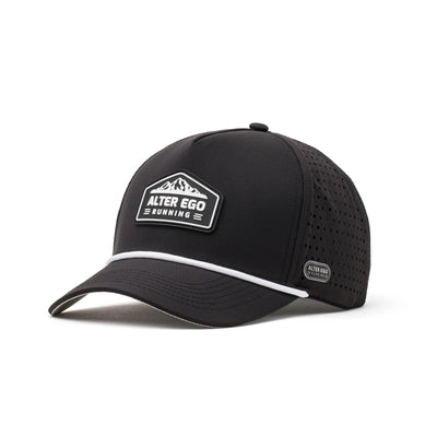 Angled view of a black hat with a white mountain logo on the front, lightweight design, and sweat-wicking fabric for outdoor adventures.