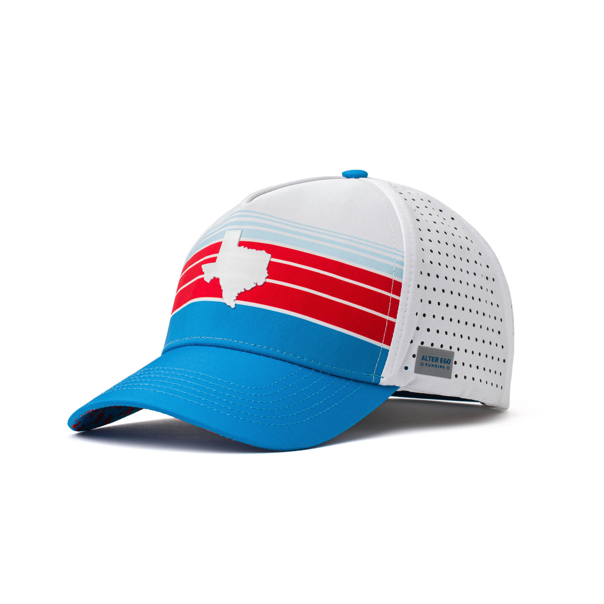 Angled view of a white Alter Ego Running hat with Texas state logo, red and blue stripes, and perforated side panels.