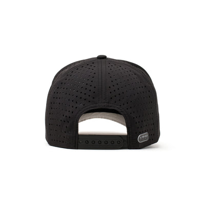 Back view of a black performance hat with an adjustable strap and breathable mesh back, providing a secure and comfortable fit.