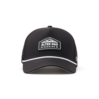 Front view of a black performance hat with a bold white mountain logo and curved brim, perfect for active and everyday use.