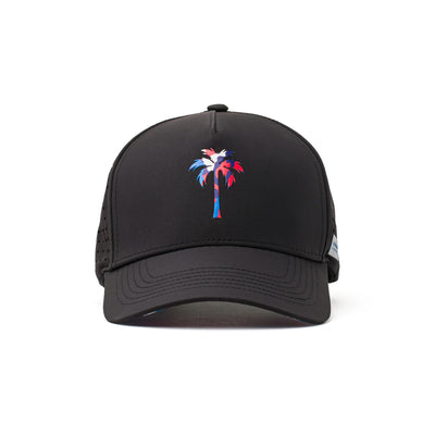 Front view of a black hat with a bold red, white, and blue palm tree emblem and structured design for a modern athletic look.