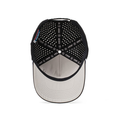 Interior and back view of a black performance hat with a breathable mesh panel and adjustable strap for added comfort and functionality.