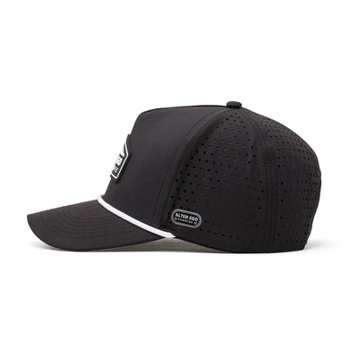 Side view of a black cap featuring a white mountain emblem and lightweight construction, ideal for running, hiking, and casual wear.