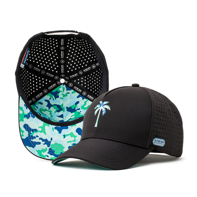 Black water-repellent hat with a light blue palm tree logo on the front and vibrant blue camo mesh back, designed for performance and outdoor adventures.