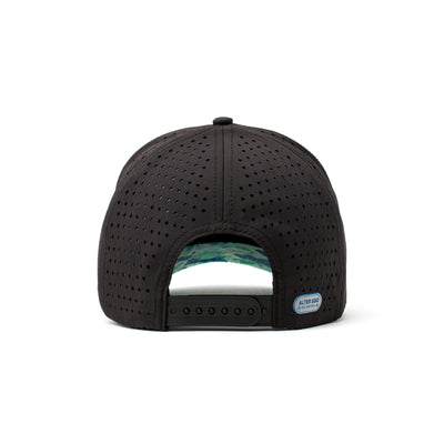 Rear view of a black performance cap showcasing breathable camo mesh fabric and a secure adjustable strap for all-day comfort.