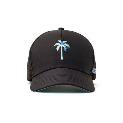 Front view of a black performance hat with a sleek curved brim and light blue palm tree design, ideal for sports and casual wear.