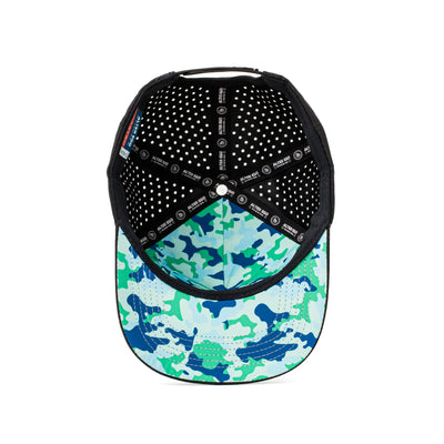 Interior and back view of a black hat with a blue camo mesh panel and adjustable strap, crafted for durability and maximum ventilation.