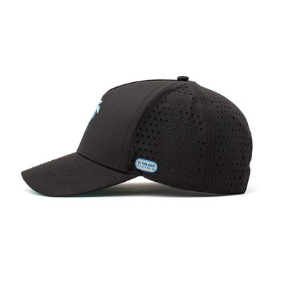 Side view of a lightweight black hat featuring a light blue palm tree logo, highlighting its breathable fabric and athletic fit.