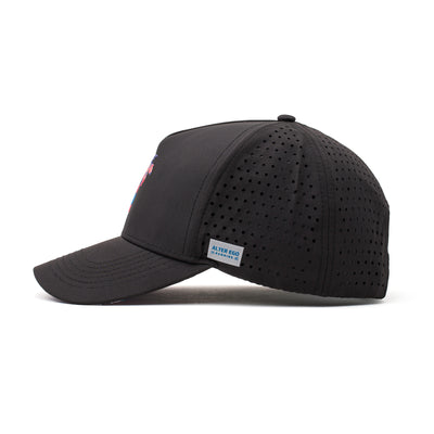 Side view of a black performance cap featuring a red, white, and blue palm tree logo and a sleek, lightweight design ideal for athletic and outdoor activities.