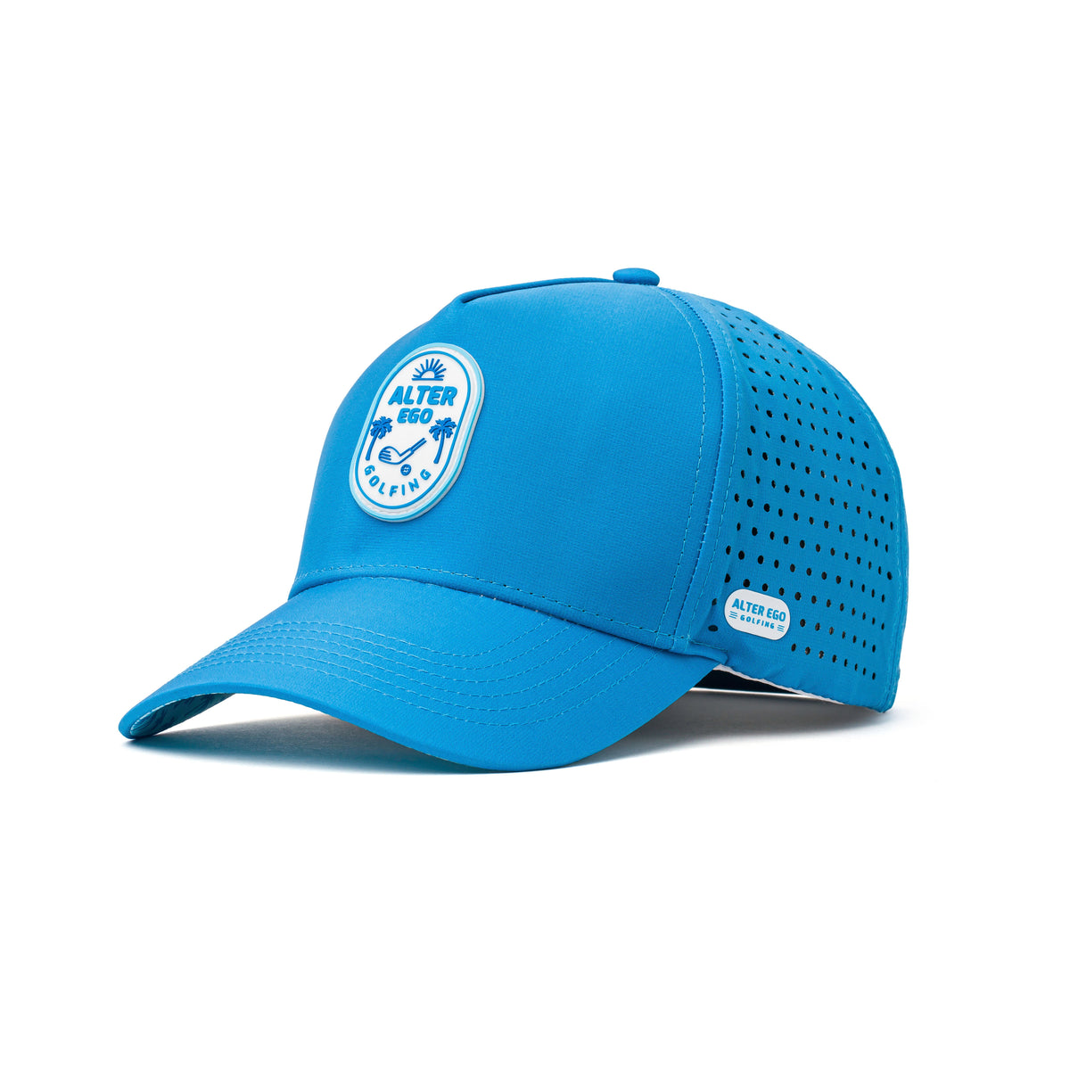 Angled view of a blue golf cap featuring a white circular logo, curved brim, and advanced water-repellent fabric for all-day performance.