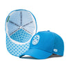 Blue performance golf hat with a white circular golf club logo on the front and a breathable light blue camo-patterned mesh back for ventilation and comfort.