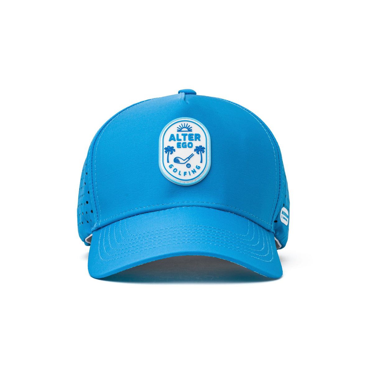 Front view of a blue golf cap with a bold white circular golf club logo, lightweight design, and sweat-wicking fabric for athletic and casual wear.