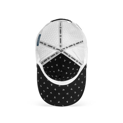 Interior and back view of a white hat with black mesh panels, an adjustable strap, and perforated sides for optimal airflow and functionality.