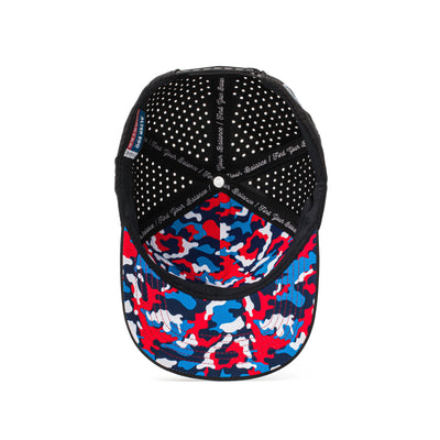 Interior and back view of a black hat with a red, white, and blue camo-patterned mesh panel and adjustable strap, combining bold style with breathable comfort.