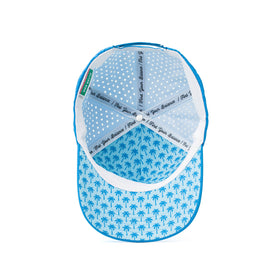 Interior and back view of a blue golf hat with light blue camo mesh, adjustable strap, and perforated panels for optimal airflow and functionality.