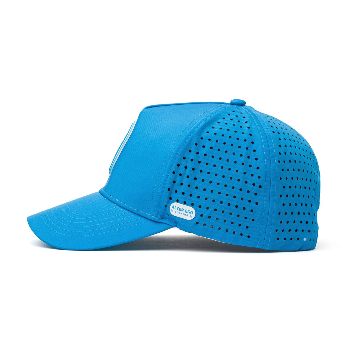 Side view of a blue golf performance cap featuring a white circular logo, curved brim, and perforated panels for breathability and style.