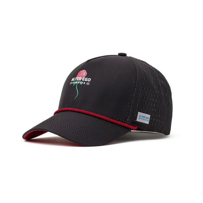 Angled view of a black and red performance hat with a rose logo, curved brim, and perforated panels designed for comfort and durability.