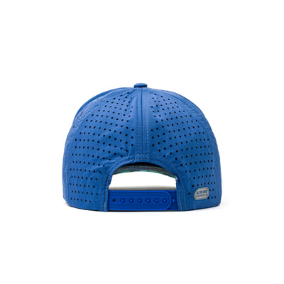 Back view of a blue performance cap with an adjustable strap and camo-patterned mesh panel, providing style and functionality for outdoor adventures.