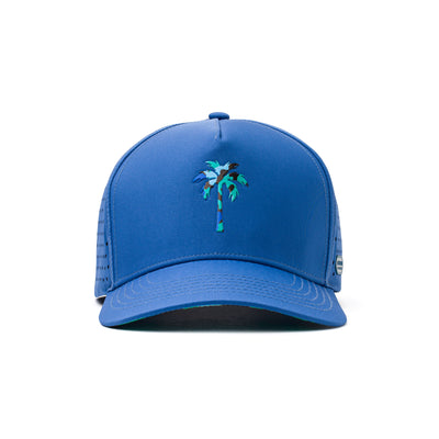 Front view of a blue athletic hat with a bold green palm tree emblem, curved brim, and water-repellent fabric for active lifestyles.