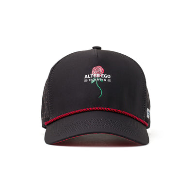 Front view of a black performance cap with a detailed red rose emblem and structured design for style and function during outdoor activities.